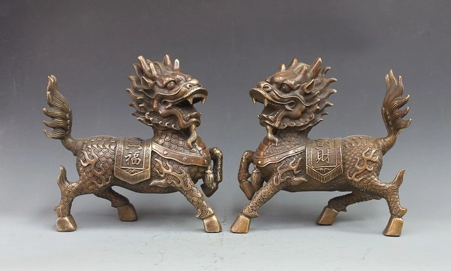 

China Bronze Copper Fengshui Avoid Evil Brave troops Dragon Kylin Kilin Pair a5.19