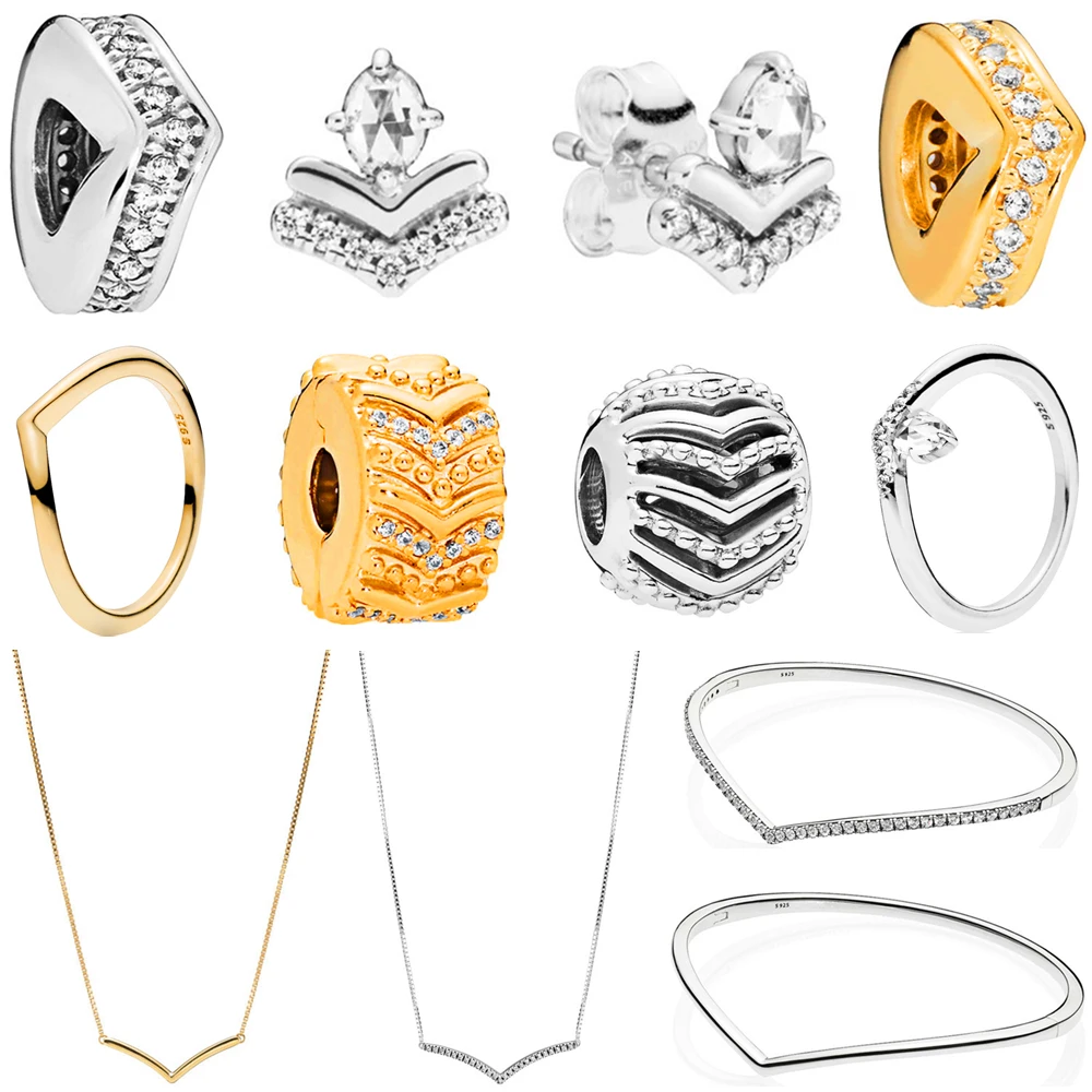 

Gold Silver Wishbone Charms Necklaces Rings Bangles Earrings Jewelry Silver 925 Original 2019 Wish Collection Women Jewelry.