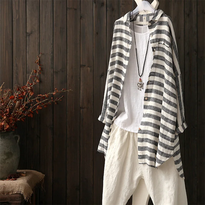 2019 Summer ZANZEA Women Striped Long Blouse Lapel Batwing Sleeve Buttons Cardigan Shirt Loose Kimono Cotton Linen Top Plus Size