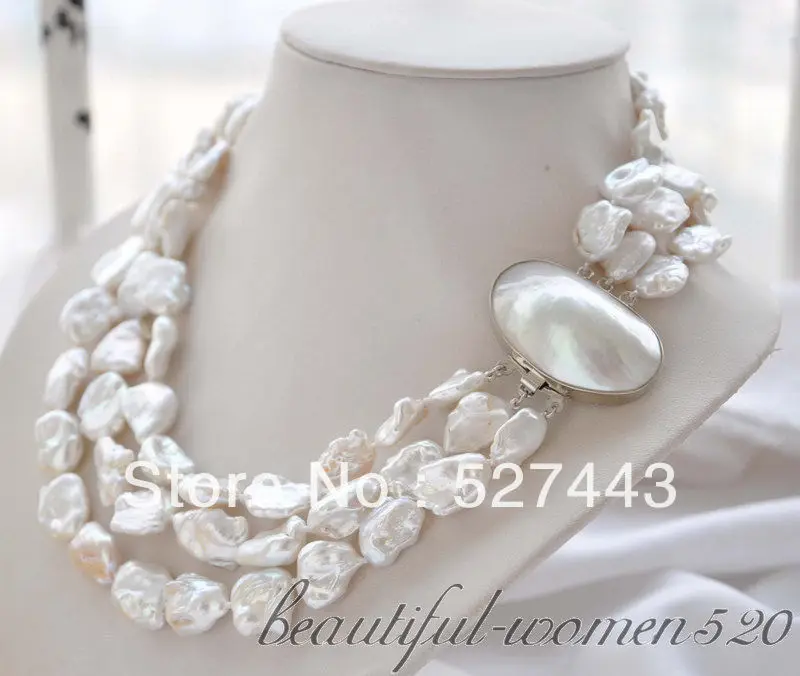 

Wholesale free shipping >>3strands 19mm BAROQUE white KESHI REBORN PEARL NECKLACE mabe clasp