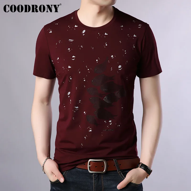 Брендовая мужская футболка COODRONY, летняя повседневная футболка с коротким рукавом и круглым вырезом, Мужская футболка с рисунком рыбы, мягкая хлопковая Футболка Homme S95080 - Цвет: Красный