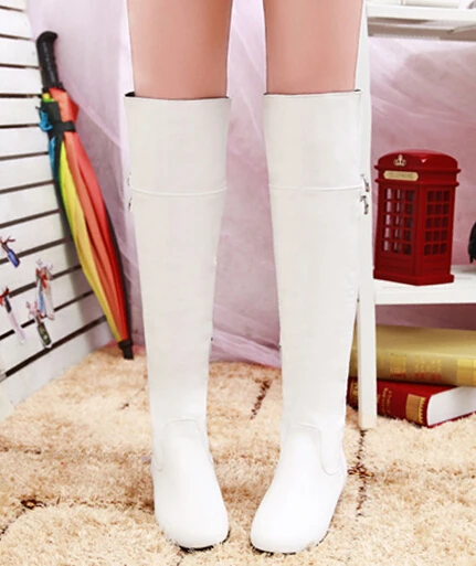 Г. Новые женские демисезонные сапоги выше колена на толстом среднем каблуке, с боковой молнией, с пряжкой, с круглым носком, большие размеры 35-42, SXQ0718 - Цвет: Белый