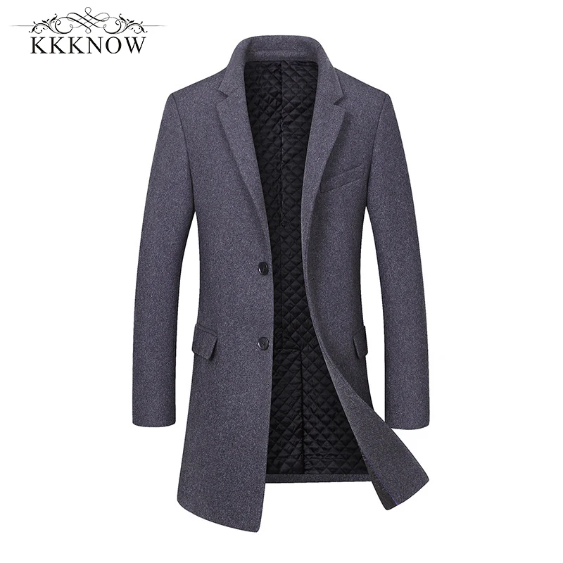 Kkknow Шерстяное пальто для Для мужчин теплая зимняя мужская куртка Slim Fit Тренч
