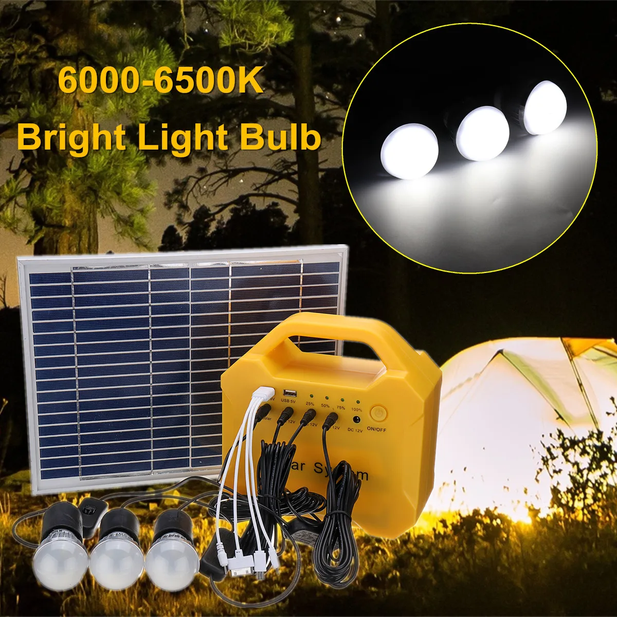 

Solar Panel Power Storage Generator LED Light 18V USB Charge System Home Outdoor Large Capacity Battery Energy Saving Camping