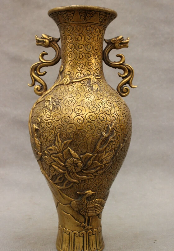 

S3988 12" Folk Chinese Bronze Dynasty Palace Dragon Phoenix Peacock Statue Pot Vase D0317