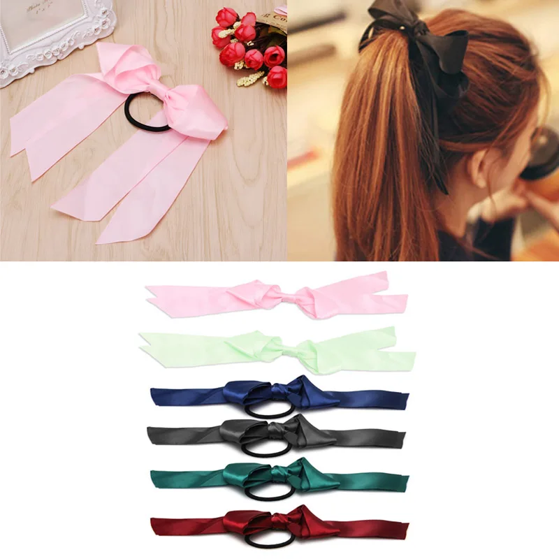 Women Girl Elastic Bow Tie Hair Band Satin Ribbon Hair Rope Ponytail