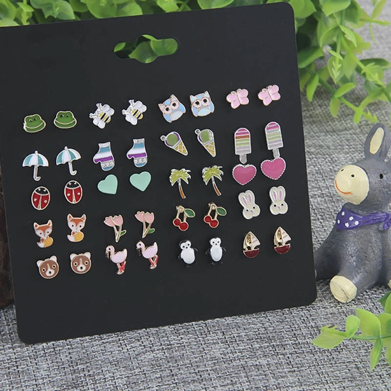 

20 Pairs Cute Animal Fruit Fox Flamingo Stud Earrings Set For Kids Girls Jewelry