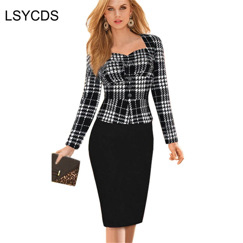 

2018 New Women Spring Autumn Faux Two Piece Dress Lady Elegant Patchwork Long Sleeve Bandage Slip Sheath Work Office Dresses