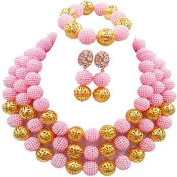

Pink Costume Necklace Earrings Nigerian Beads African Jewelry Set Wedding Bridal Jewelry Sets 3ZZJS11