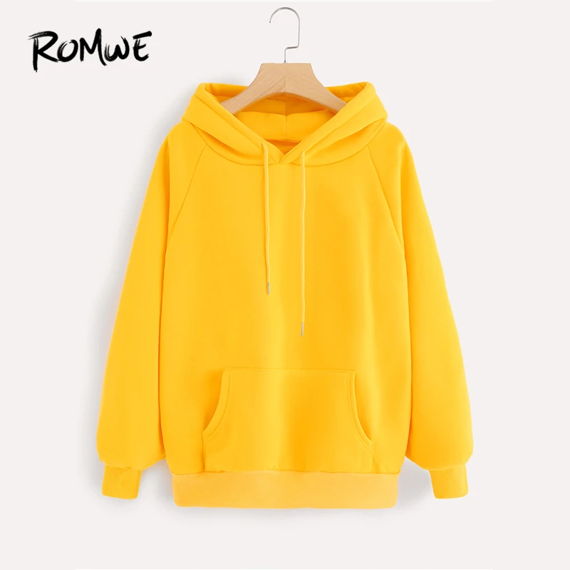 Goedkoop ROMWE Raglanmouwen Kangaroo Pocket Trekkoord Hoodie Vrouwen Geel Hooded Volledige Mouw Lente Herfst Casual Plain Sweater