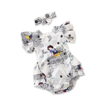 

Baby Girls Clothing Toddler Girl Summer Clothes Cartoon Princess Ruffles Romper Bowknot Headband 2pcs Newborn Photography Props