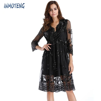 

INMOTENG 2019 V Neck 3/4 Sleeve Sequin Sexy Dresses Women Mesh Streetwear Casual Midi Dress Female Autumn Party Dress Vestido