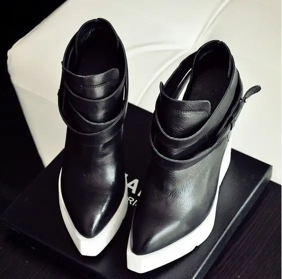 

Two style 2015 New Fashion Motorcycle Women Boots Ladies Point Toe Autumn Ankle Boots Heels Platform Wedge Genuine Leather Shoes