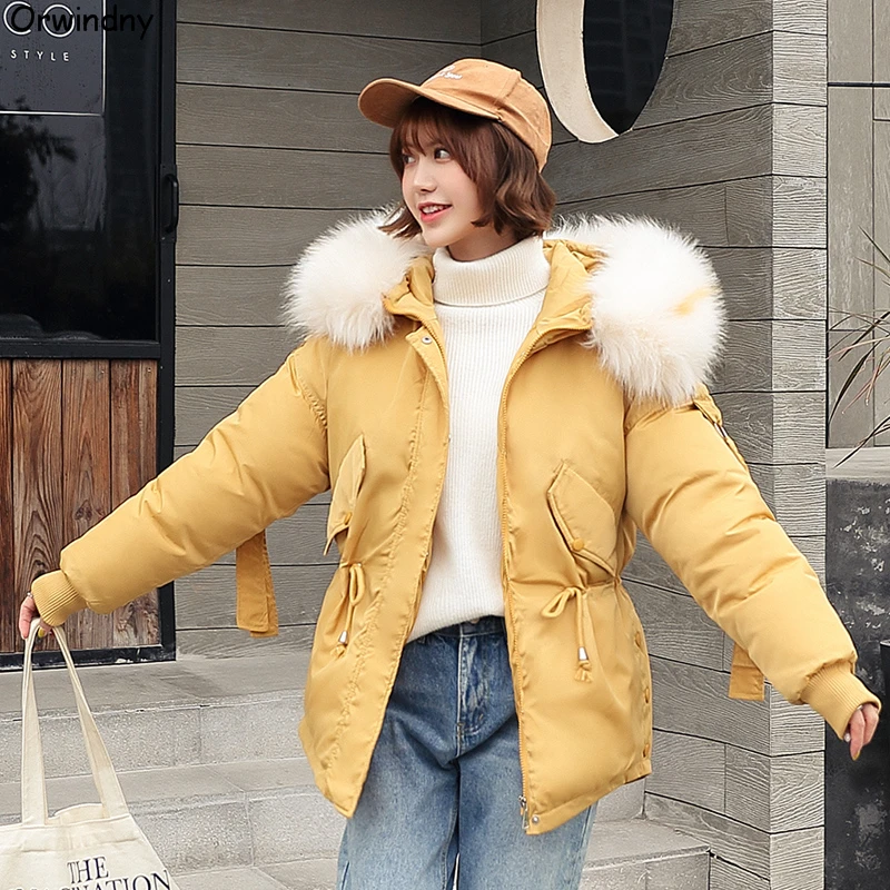 Orwindny Winter Coat Women Large Fur Collar Winter Parkas Female Slim Fashion Short Cotton Padded Jacket Hooded Wadded Coat