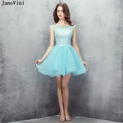JaneVini Элегантный светло голубой цвет короткие платья для невесты средства ухода за кожей шеи кружево аппликации бисером спинки линии Тюль