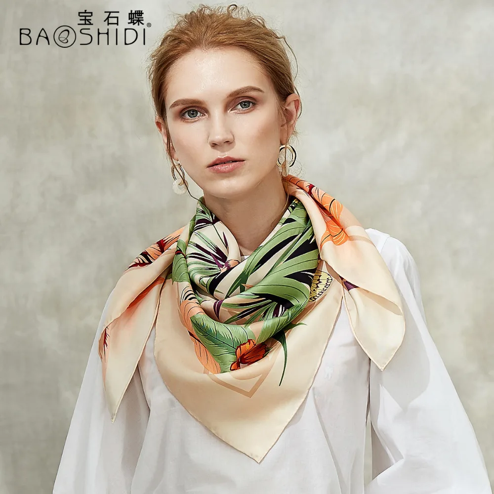 

[BAOSHIDI] 100% Silk Twill Scarf, Infinity Square Shawl,Floral Printed Female Scarfs,Elegant ladies scarves,Hand rolled hijab