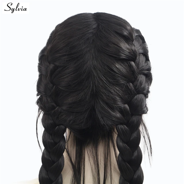 Sylvia Double Braids Wig With Baby Hair Heat Resistant Fiber Natural 2# Color Braided Synthetic Lace Front Wigs Stock For Women