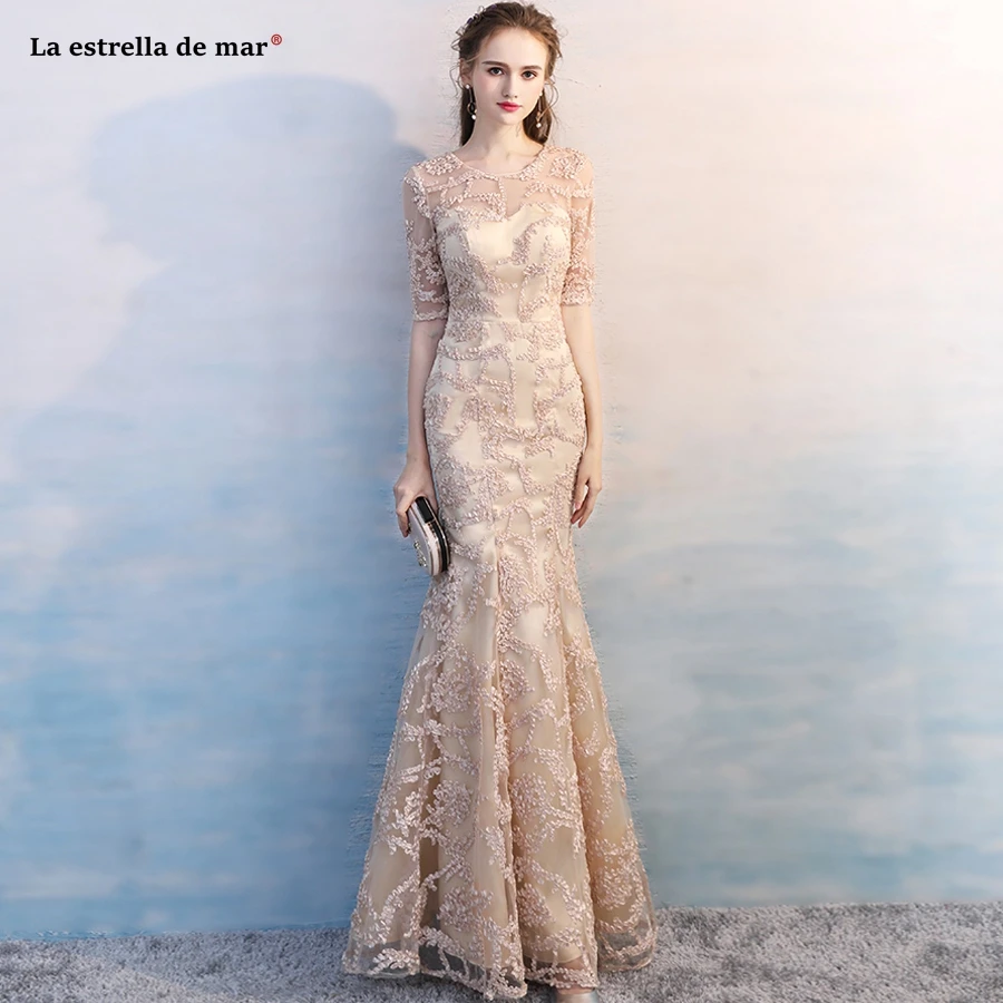 Vestidos de fiesta largos elegantes gala boda Новый Черпак шеи Кружева Половина рукава шампанского