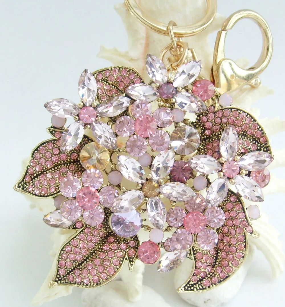 

Elegant Leaf Flower Keychain Pendant Pink Rhinestone Crystal K06029C4