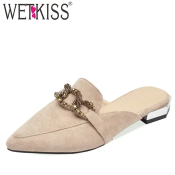 

WETKISS Low Thick Heels Slippers Woman Pointed Toe Footwear Metal Decoration Slides Shoes Female Mules Shoes Women Summer 2019