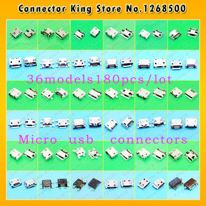 36 models micro usb connector 180pcs/lot Very common used charging port for ZTE Lenovo Huawei and other brand mobile,tablet GPS
