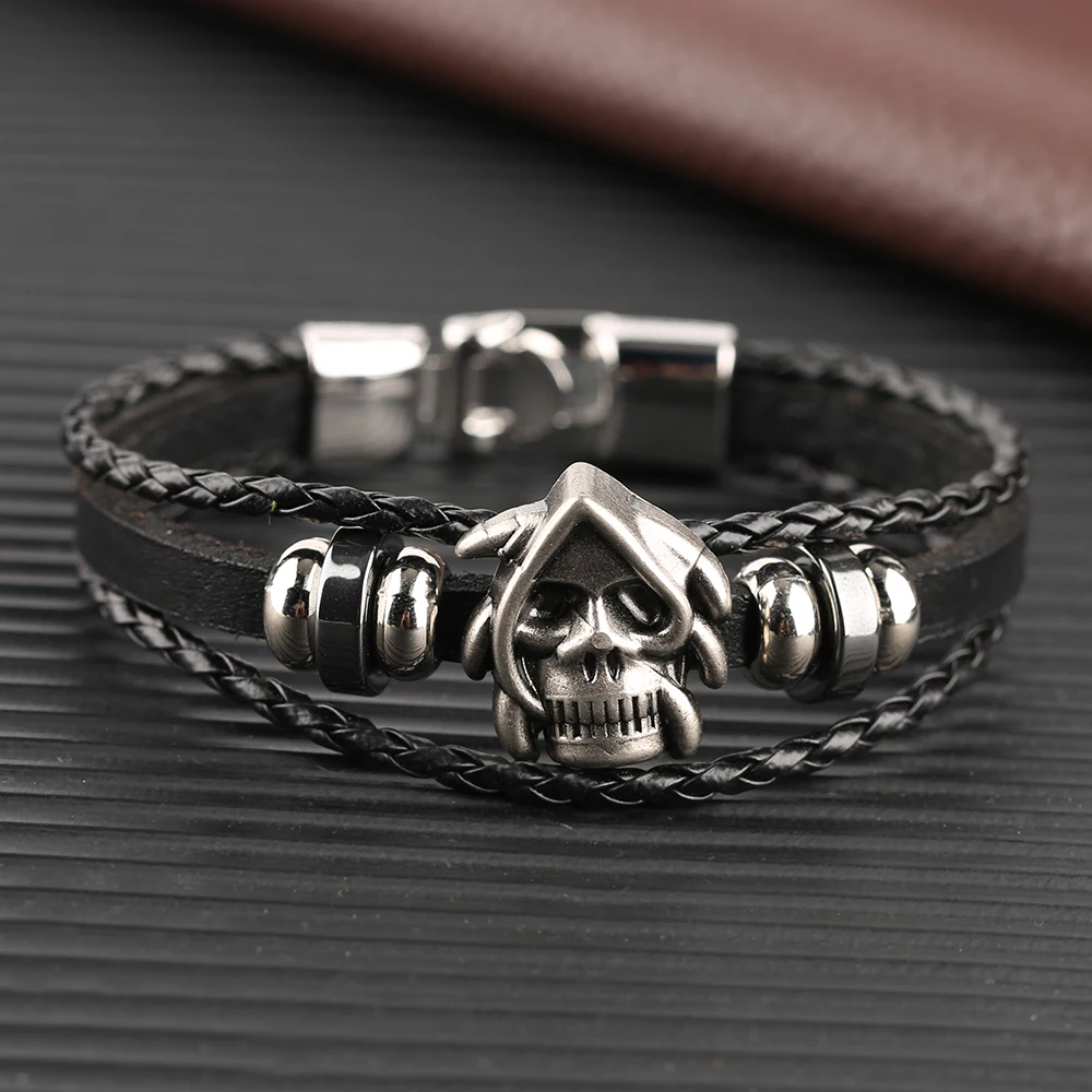 

Alloy Silver Punk Black Leather Bracelets Male Skeleton Theme Bangles Sport Street Boy Steampunk Bracelet Charming Cool Boy