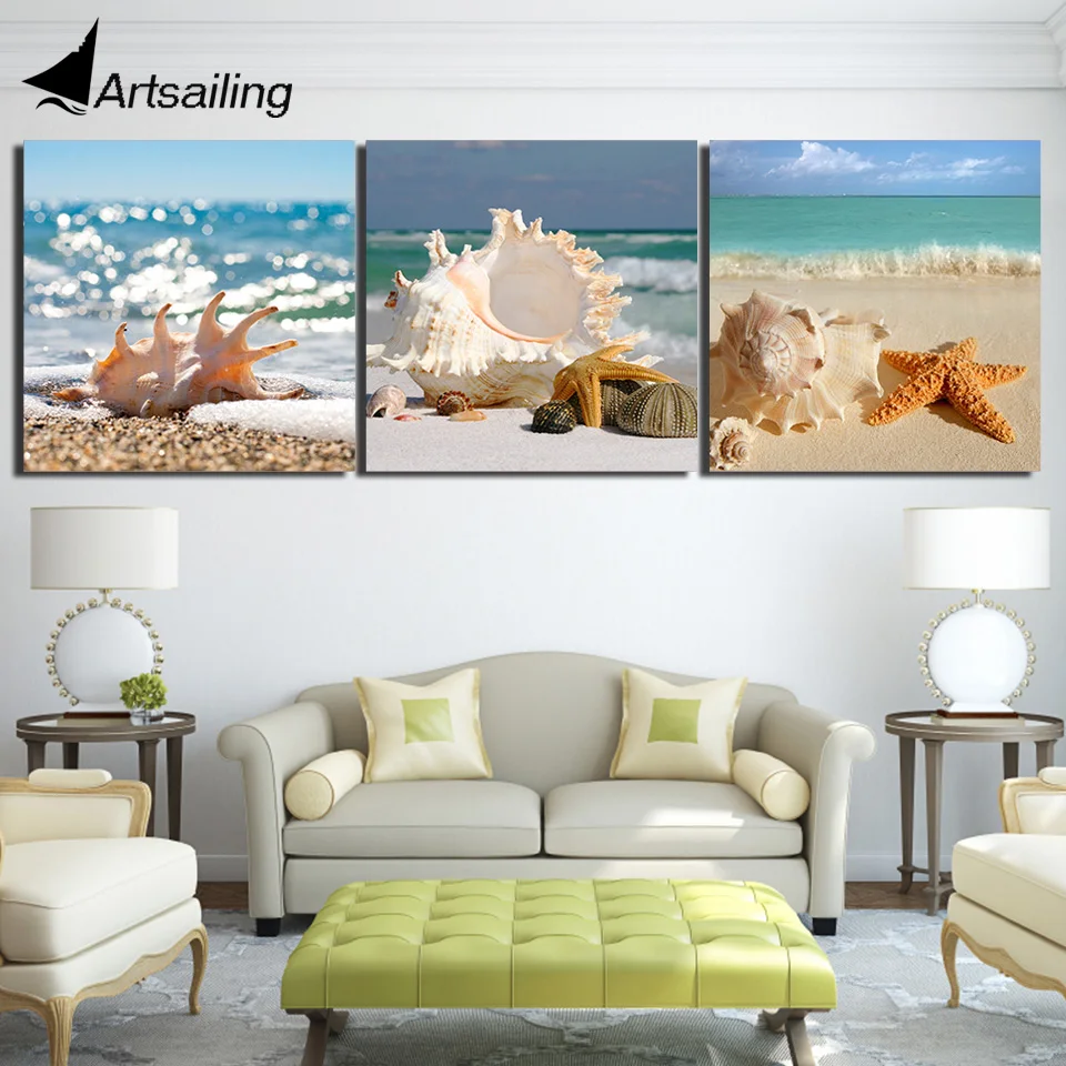 

ArtSailing HD Printed 3 Piece Canvas Painting Beach Sea Wave Picture Nordic Shell Starfish Canvas Prints For Living Room