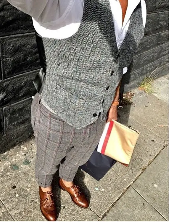 

2019 New Vintage Herringbone Tweed Vest Custom Made Groom Vest for Rustic Wedding Light Gray Suit Vest Men Plus Size Waistcoat