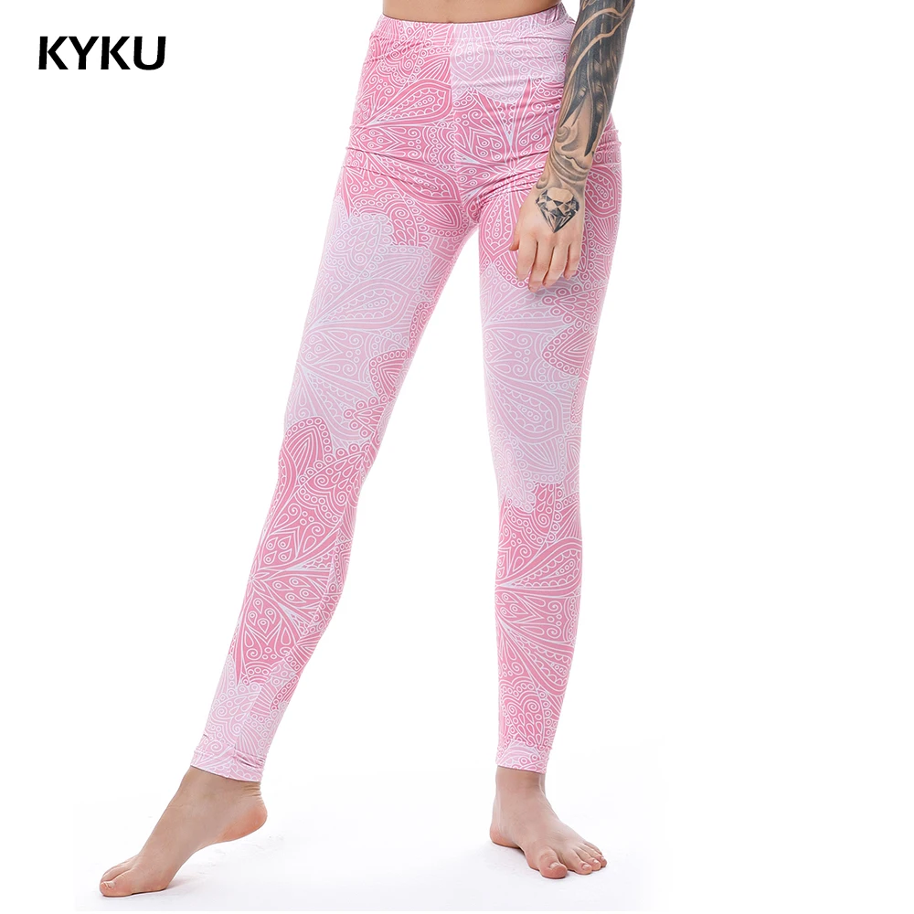 

KYKU Brand Pink Leggings For Women Sexy Leggings For Fitness Flowers Mandala Legging Slim High Waist Leggins Women Fashion Print