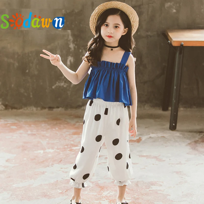 

2019 Girl Clothing Set Teenager New Style Children Clothes Cool Dots Sling Top+Pants Shorts 2Pcs Kids Clothes Outfits Suit