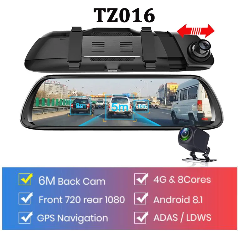 WHEXUNE 4G Android 8,1 Автомобильный видеорегистратор 1" поток зеркало заднего вида 1080P ADAS Dash Cam камера видео рекордер Авто регистратор Dashcam gps - Название цвета: TZ016
