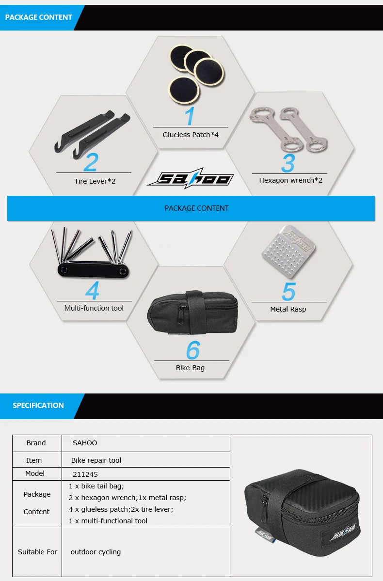 Sahoo 211245 ремонт велосипедного велосипеда Mufti-функциональный инструмент Шестигранный ключ комплект рычаг шины No-отделка для приклеивания металла Rasp седельная сумка