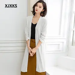XJXKS 2019 корейский стиль хорошее качество Для женщин пальто кардиган сплошной длинный вязаный Разделение низ Новое поступление Для женщин
