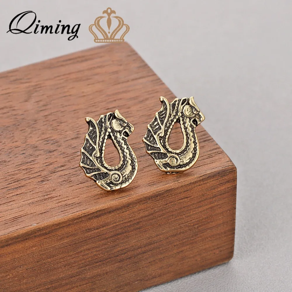 

QIMING Gothic Dragon Earring Bronze Color Punk Style Piercing Stud Earrings For Women Girls Men Gift Viking Retro Jewelry