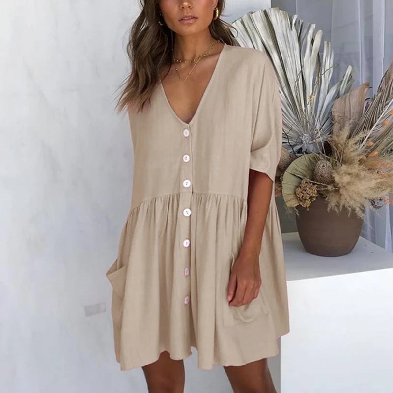 

LASPERAL 2019 Solid Loose Summer Ruffle Women Dress Sexy V-Neck Button Pocket Mini Dress Casual Short Sleeve Tunic Beach Vestido