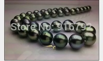 

YH@CS >>>HUGE 18"10-11MM TAHITIAN GENUINE PERFECT BLACK PEACOCK GREEN PEARL NECKLACE 14K