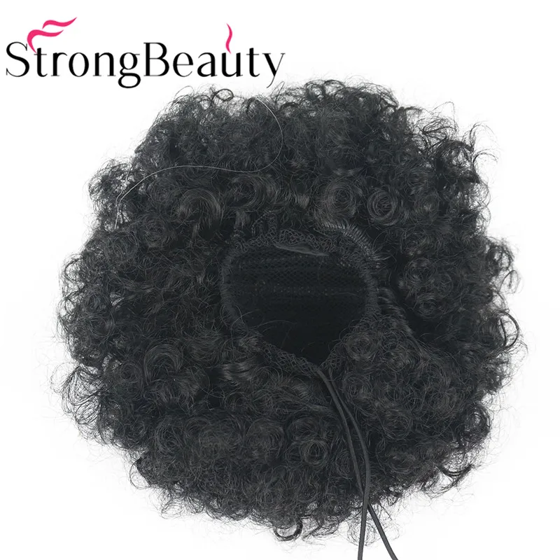 Strongbeauty афро булочка шиньон волосы конский хвост Синтетический кудрявый пушистый зажим в шнурок черный для женщин