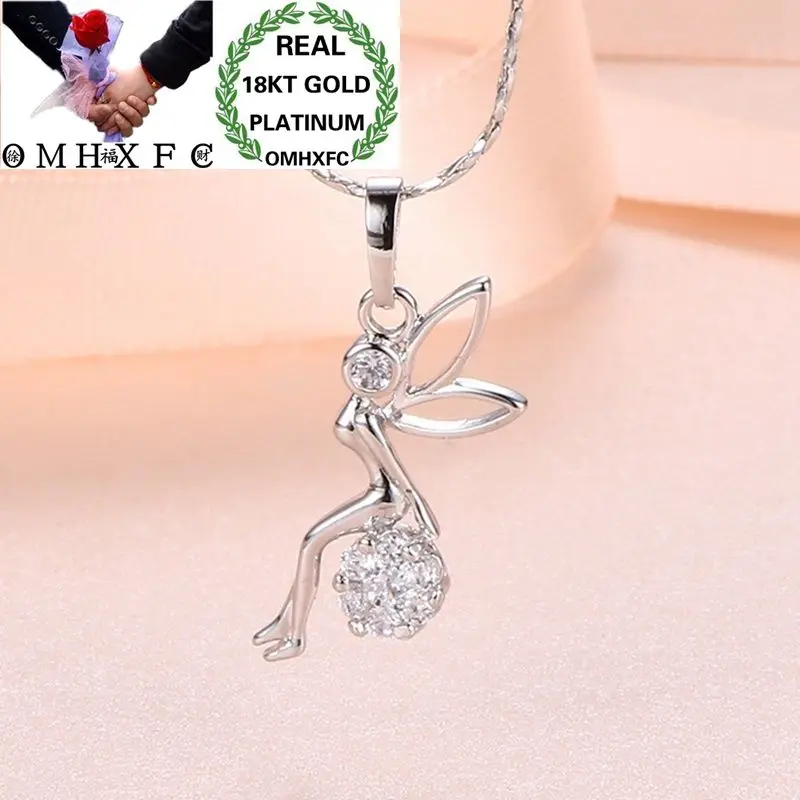 

OMHXFC Wholesale European Fashion Woman Girl Party Birthday Wedding Gift Angel AAA Zircon 18KT White Gold Pendant Necklace EX34