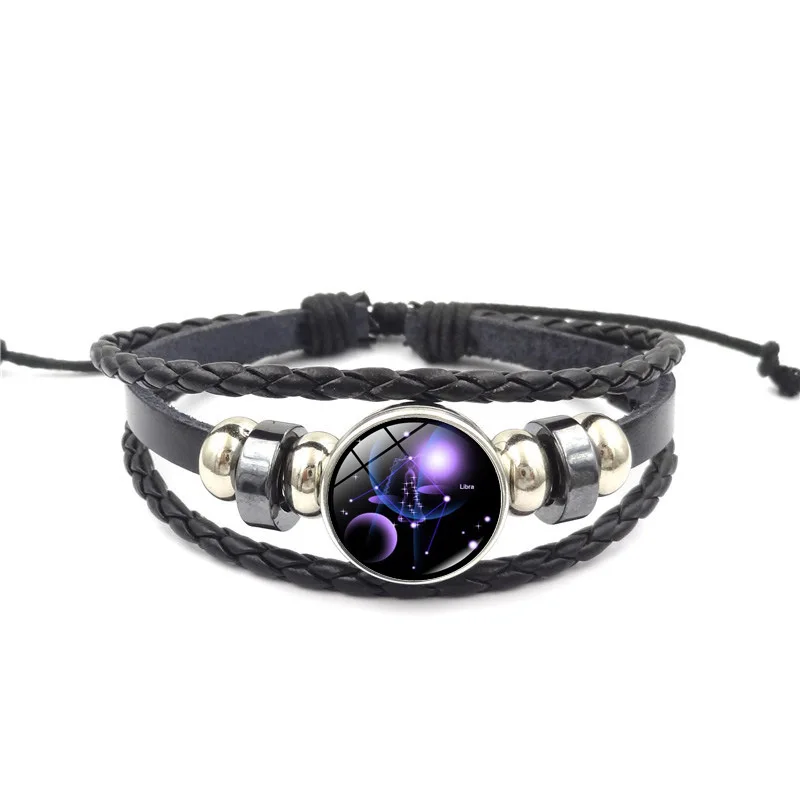 

Fashion Zodiac Glass Metal Buckle Charm Bracelet Women Fashion Constellation Jewelry Black Weave Multilayer Leather Bracelet