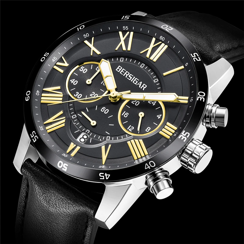 Herenhorloge BERSIGAR Мужские часы с черным кожаным ремешком спортивные хронографом