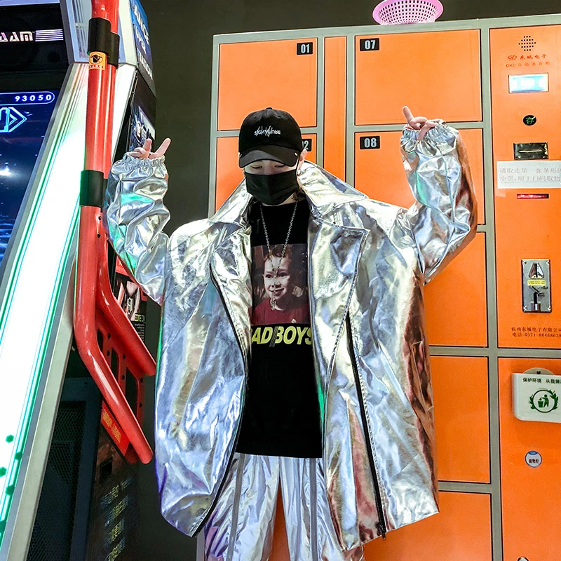 Весна осень для мужчин уличный хип хоп панк Рок блестящая куртка негабаритных пальто ночной клуб DJ певец сценический костюм Золото Серебро Цвет