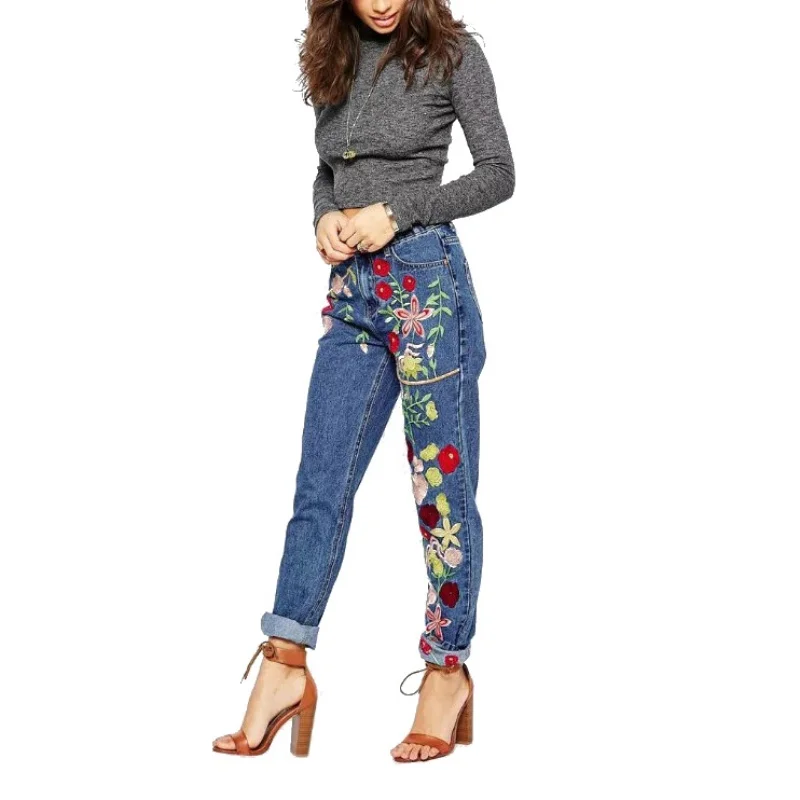 

Summer Women Mid Waist Embroidered Jeans Lady Cotton Flower Straight Loose Denim Pants PY2