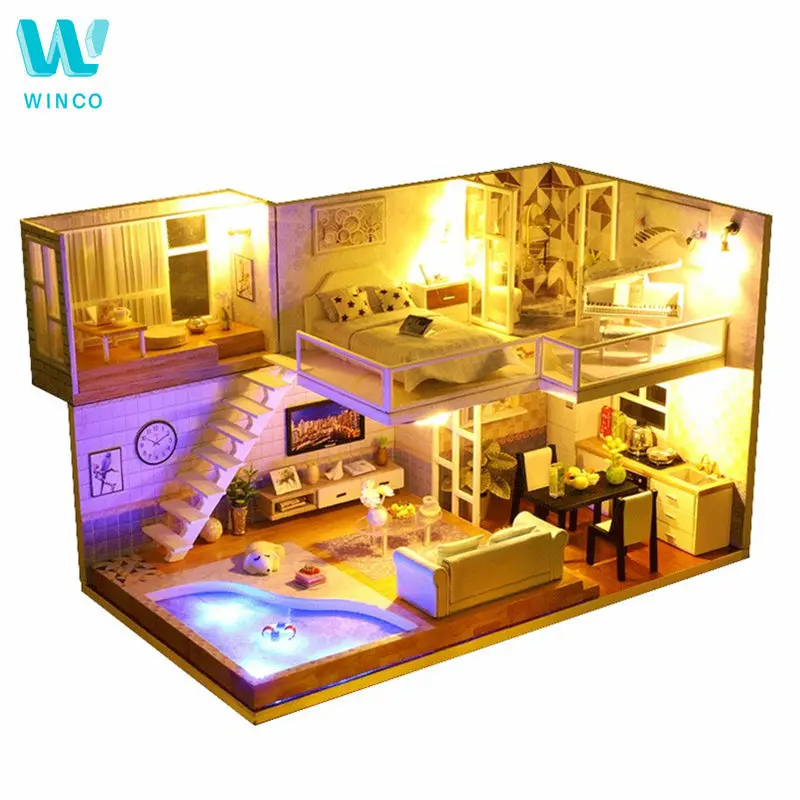 Кукольный домик WINCO DIY миниатюрный кукольный с мебелью LED 3D деревянный дом игрушки