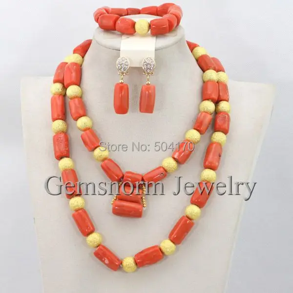 

2017 New Design Coral Beads Wedding Jewelry Set Handmade Brides Coral Necklace Jewelry Set Gold Free Shipping CNR237