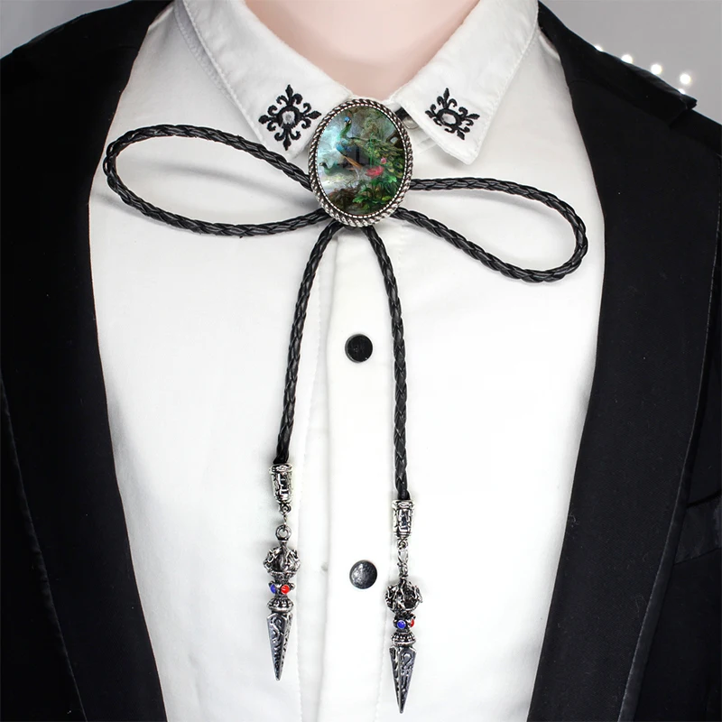 Bolo-003 модные красивые картины с изображением павлина стеклянный кабошон Боло галстук очаровательные павлин ювелирные изделия на шею Галстуки кожаная цепочка Ожерелье - Окраска металла: 5-1