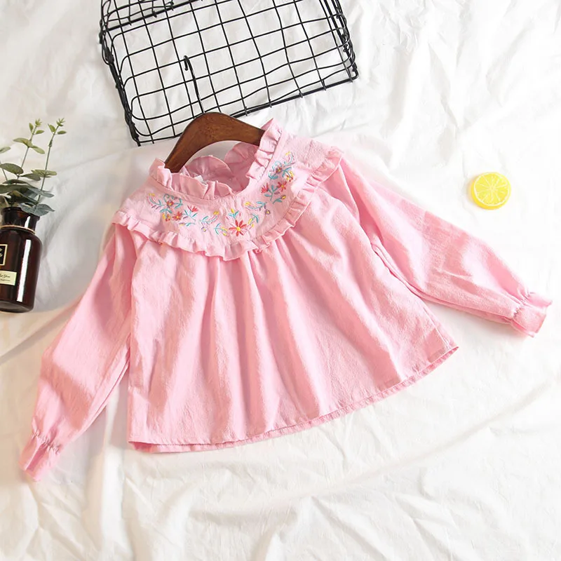 

2018 Autumn Fall 2-6Y Baby Girls Blouse White Clothes Children Long Sleeve Flower Embroidery School Girl Shirt Kids Tops Pink