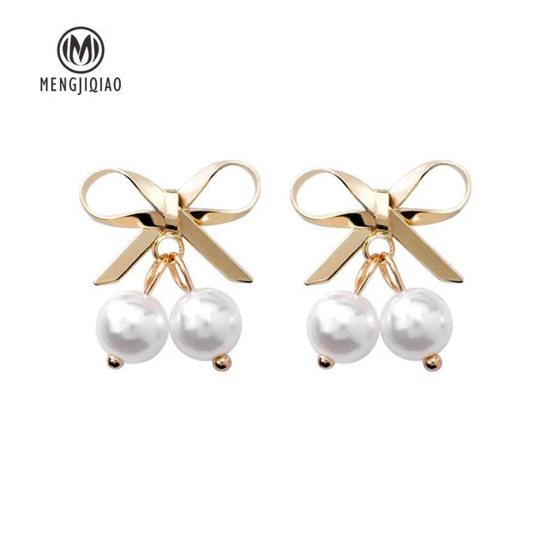 

MENGJIQIAO 2018 Korean New Fashion Cute Bowknot Simulated Pearl Drop Earrings For Women Lovely Boucle D'oreille Femme Pendientes