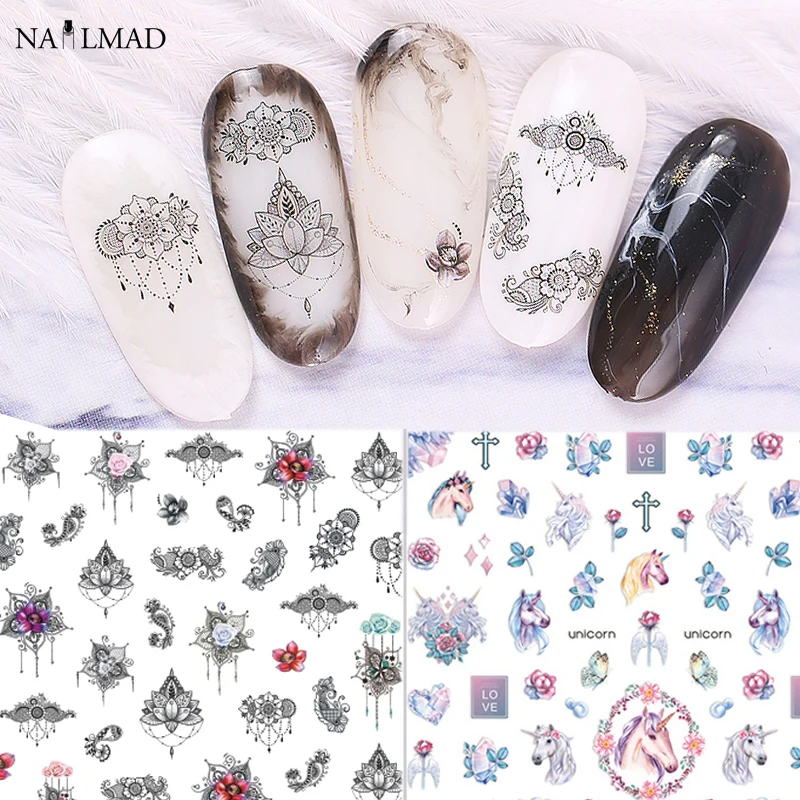 1 лист NailMAD цветок лотоса стикеры 3D на ногти Nail Art Лаванда Единорог Полный ногтей переводные наклейки на ногти Мандала