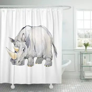 

Waterproof Shower Curtains Africa Rhinoceros African Animals Watercolor Rhino Safari South Adventure Beak Big Extra Long