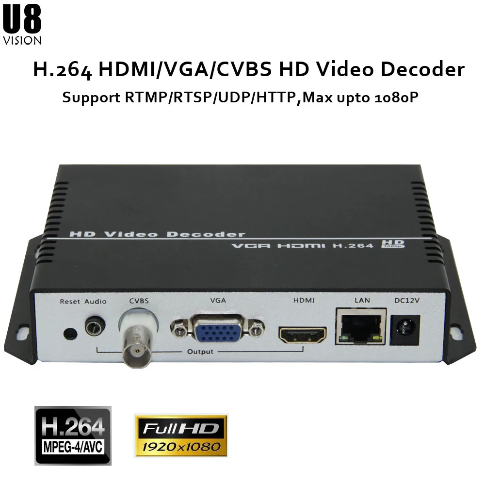 U8Vision H.264/AVC видео декодер с HDMI& VGAI& CVBS выход Поддержка RTMP/HTTP/RTP/UDP/RTSP/HLS/FLV/M3U8